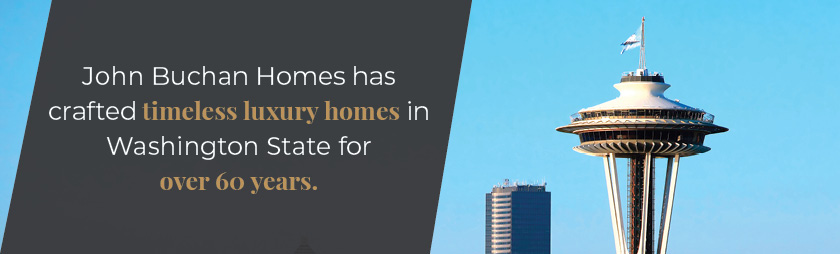 the Space Needle in Seattle with a text overlay for John Buchan Homes